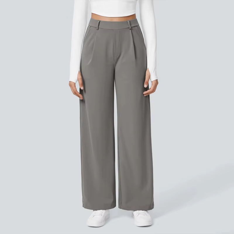 Women'S Casual Business Work Pants High Waist Adjustable Knot Wide Leg Flat Front Cargo Style Elastic Mid Waist Loose Pockets
