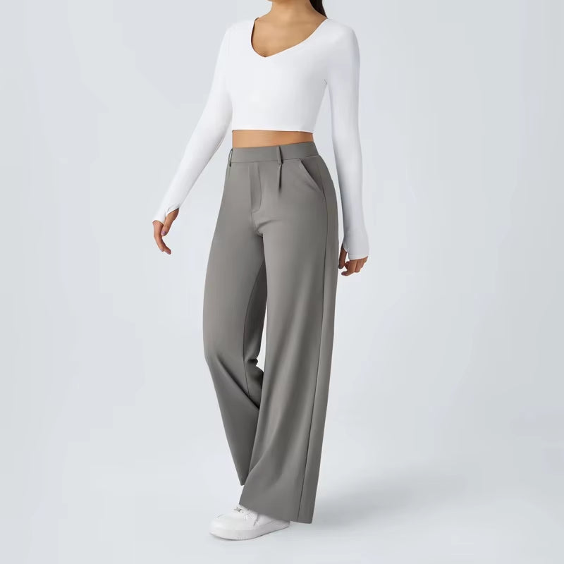 Women'S Casual Business Work Pants High Waist Adjustable Knot Wide Leg Flat Front Cargo Style Elastic Mid Waist Loose Pockets