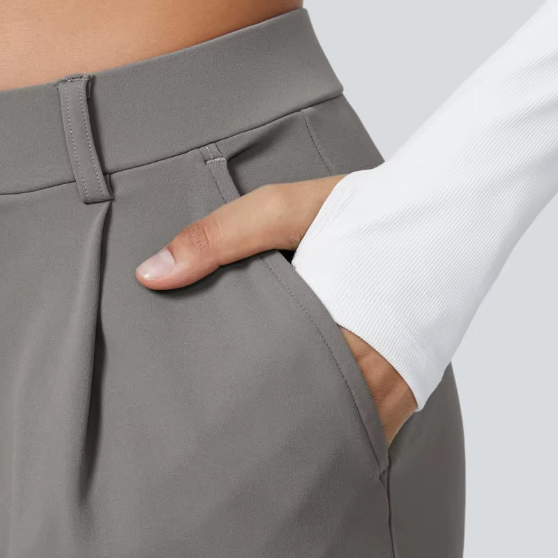 Women'S Casual Business Work Pants High Waist Adjustable Knot Wide Leg Flat Front Cargo Style Elastic Mid Waist Loose Pockets