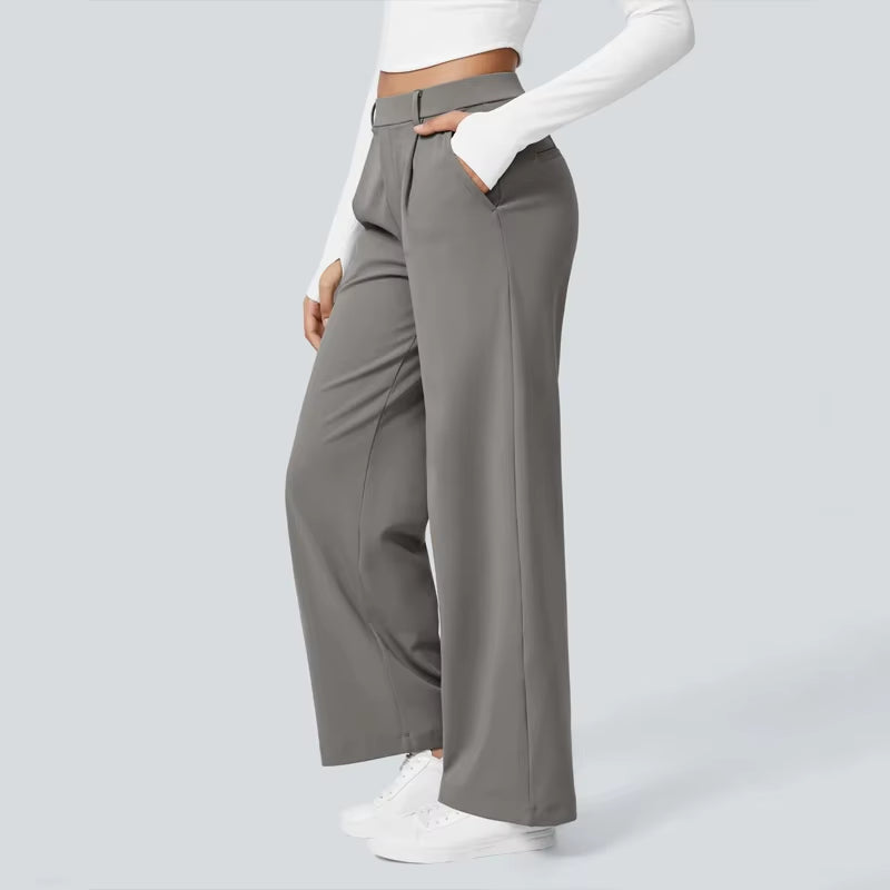 Women'S Casual Business Work Pants High Waist Adjustable Knot Wide Leg Flat Front Cargo Style Elastic Mid Waist Loose Pockets