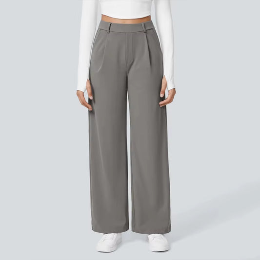 Women'S Casual Business Work Pants High Waist Adjustable Knot Wide Leg Flat Front Cargo Style Elastic Mid Waist Loose Pockets