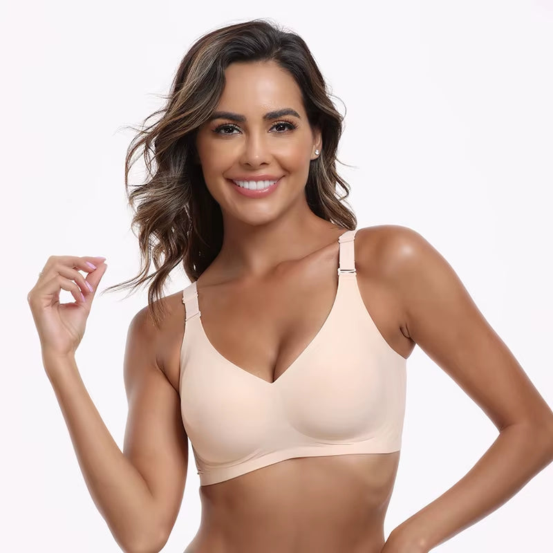 Seamless Bra, Wireless Nylon Spandex Bra & Stretch Full Coverage Bralette, V Neck Push up Sport Bra, Ice Silk Underwear