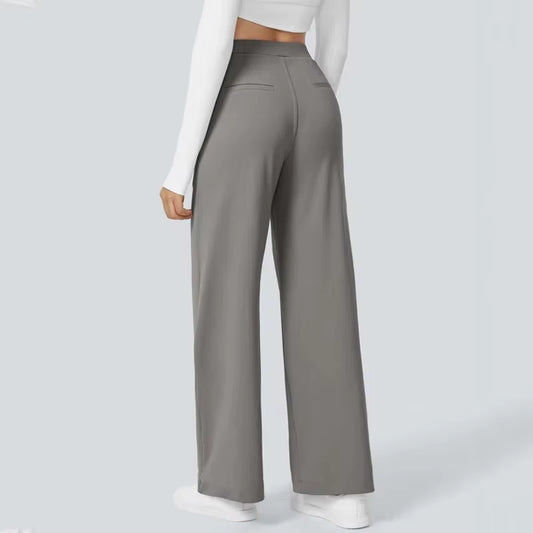 Women'S Casual Business Work Pants High Waist Adjustable Knot Wide Leg Flat Front Cargo Style Elastic Mid Waist Loose Pockets
